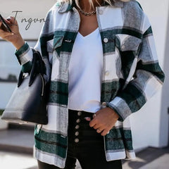 Ingvn - Shirts For Women Plaid Long Sleeve Button Up Shirt Collared Tops And Blouse Autumn Spring Fashion Loose Casual Black White