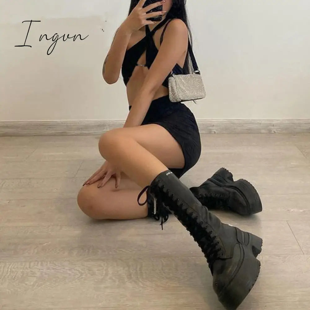 Ingvn - Woman Dress y2k Gothic Mini Dresses Sexy Deep V Neck e girl Streetwear Halter Black New Trendy 90s Vintage Christmas Party