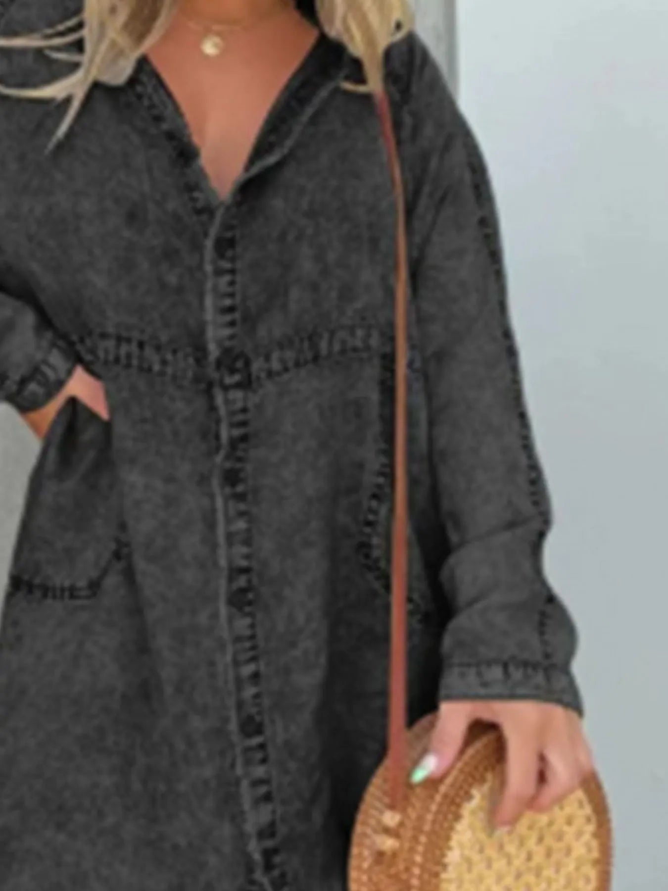 Full Size Button-Front Long Sleeve Denim Shirt Dress Plus Size