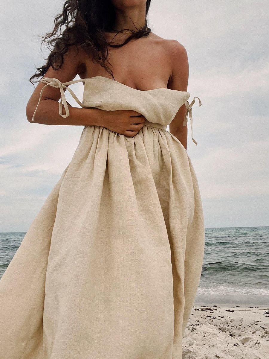 French Holiday Style Sexy Pure Desire Cotton and Linen Strap Backless Strap dress  Women's Clothing