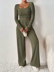 Women'S Fashion Set, Long Sleeve Round Neck Crop Top with Wide Leg Pants, Solid Color, Polyester Knit, Autumn/Winter Collection