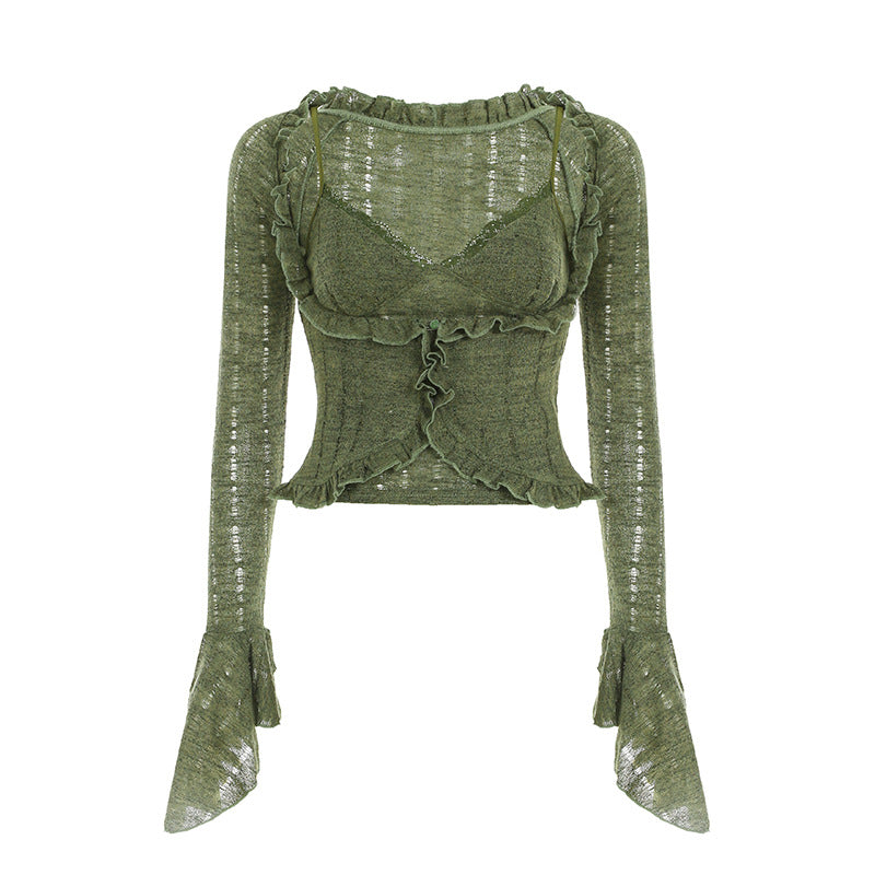 Green Field Mist Retro Lace Skirt Women's Antique Mori Niche Dipping Zipper Design A- Length Skirt Summer