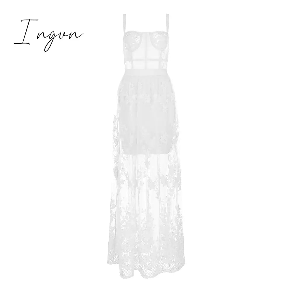 Ingvn - High Quality Red White Black Lace Sleeveless Hollow Out Long Rayon Bandage Dress Evening Party Elegant Dress