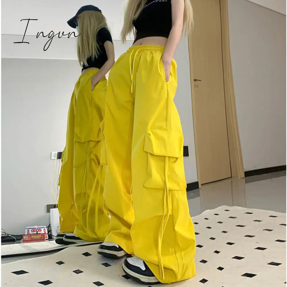 Ingvn - Harajuku Y2k Wide Cargo Pants Women Baggy Hip Hop Style Black Parachute Pants Pink Oversized Joggers Korean Streetwear