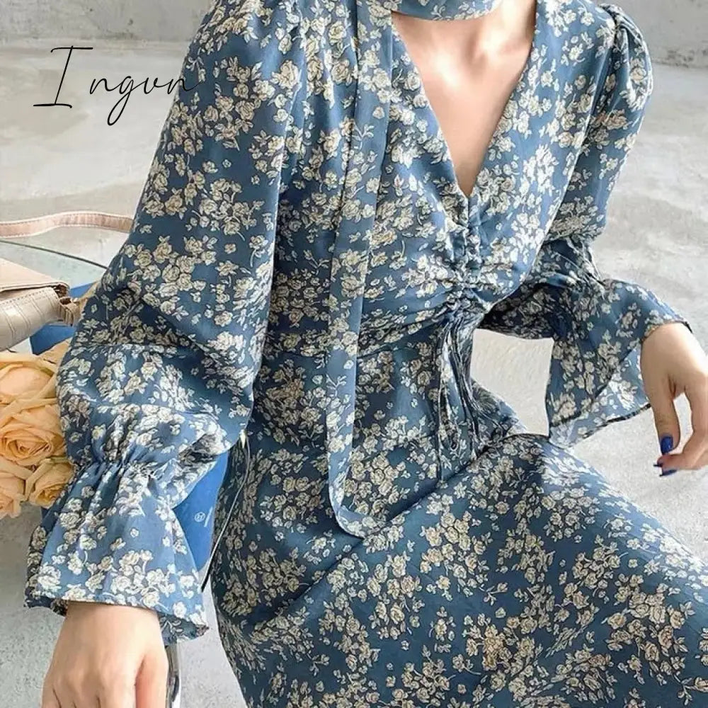 Ingvn - High Waisted Maxi Dresses for Women Long Sleeve Double Breasted Chic Korean Fashion Notched Vestido De Mujer Elegant Vintage Y2k