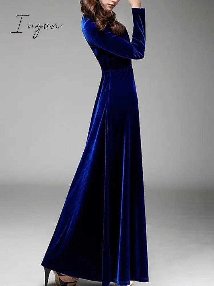 Ingvn - Women‘s Party Dress Wedding Guest Dress Velvet Dress Long Dress Maxi Dress Black Wine Royal Blue Long Sleeve Pure Color Ruched Fall Spring V Neck Fashion Party Winter Dress Evening Party 2023 S M L XL