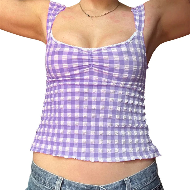 y2k Tops for Women Summer Fairycore Clothing Plaid Print Lace Trim Sleeveless Tanks T Shirts 2000s Clothing Streetwear