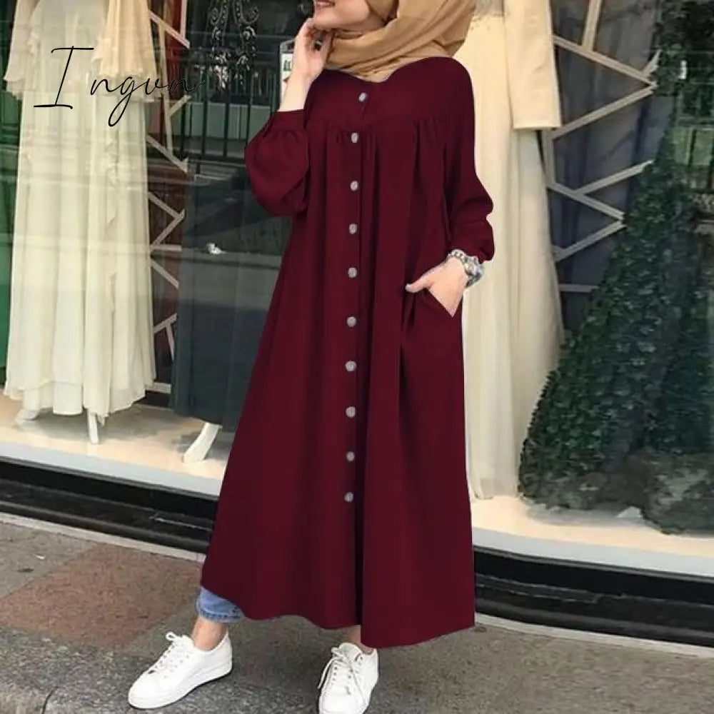 Ingvn - Plus Size Muslim Dresses Woman Shirt Dress Long Sleeve Maxi Vestidos Female Button Robe High Wasit Solid Sundress