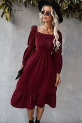 Ingvn - Square Neck Ruffle Hem Long Bubble Sleeve Midi Dress