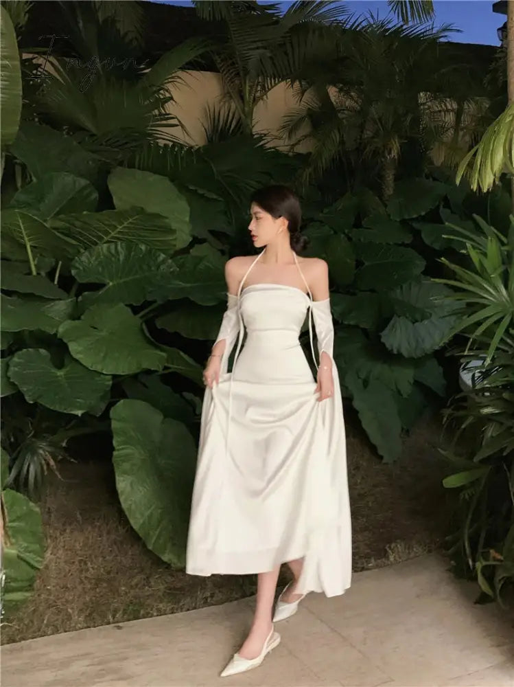 Ingvn - Spring Stain Midi Dress Party Women Evening Design Long Sleeve Slim Elegant Bodycon Dress One Piece Dress Korean Fashion