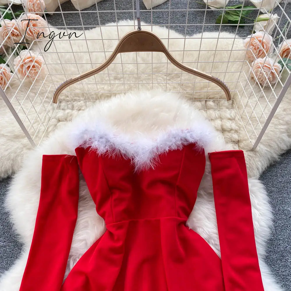 Ingvn - Gifts For Women Elegant Dress For New Year Strapless Backless Furry Sexy Short Mini Christmas Dress Navidad Red Party Dress Femme