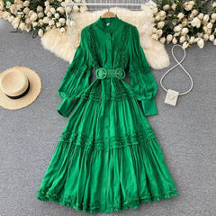 Ingvn - Summer Sexy Party Dress Women Single Breasted Long Sleeve Layer Ruffle Flower Embroidery Lace Tulle Maxi Dress Robe