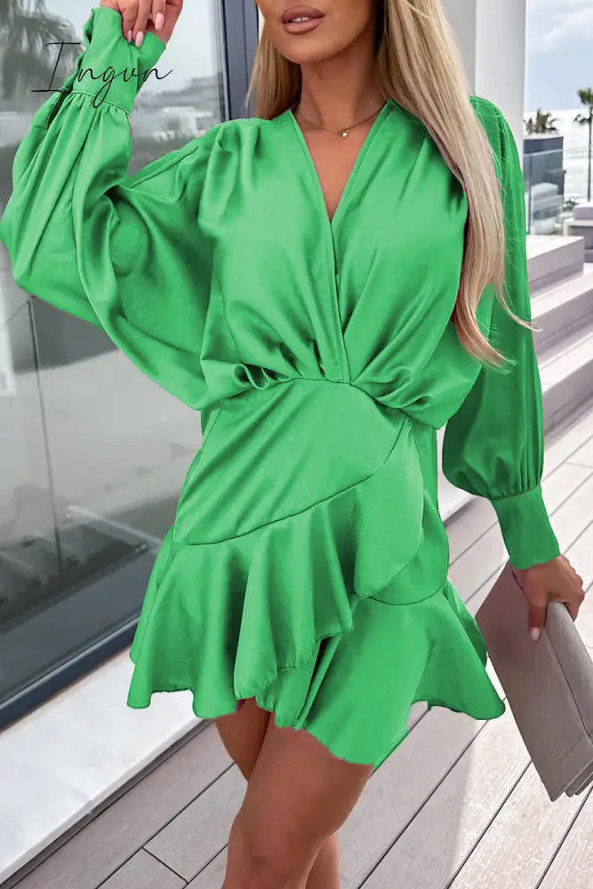 Ingvn - Sweet Elegant Solid Flounce V Neck A Line Dresses