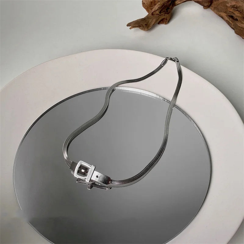 INGVN  Neo Gothic Alloy Choker Silver Color Belt Buckle Snake Chain Necklace For Women Fashion Jewelry Party Accessories