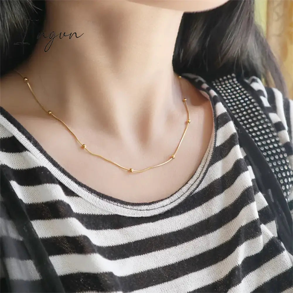 New Trendy Simple Golden Plated Bead Snake Chain Necklace for Women Exquisite Stainless Steel Chain Sweet Elegant Party Gifts