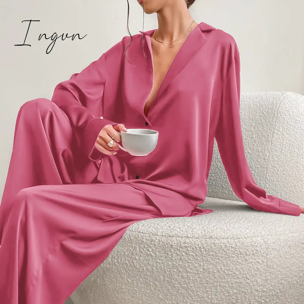 Ingvn - Oversized Satin Silk Sleepwear Low Cut Sexy Pajamas For Women Single-Breasted Long Sleeves Wide Leg Pants Trouser Suits