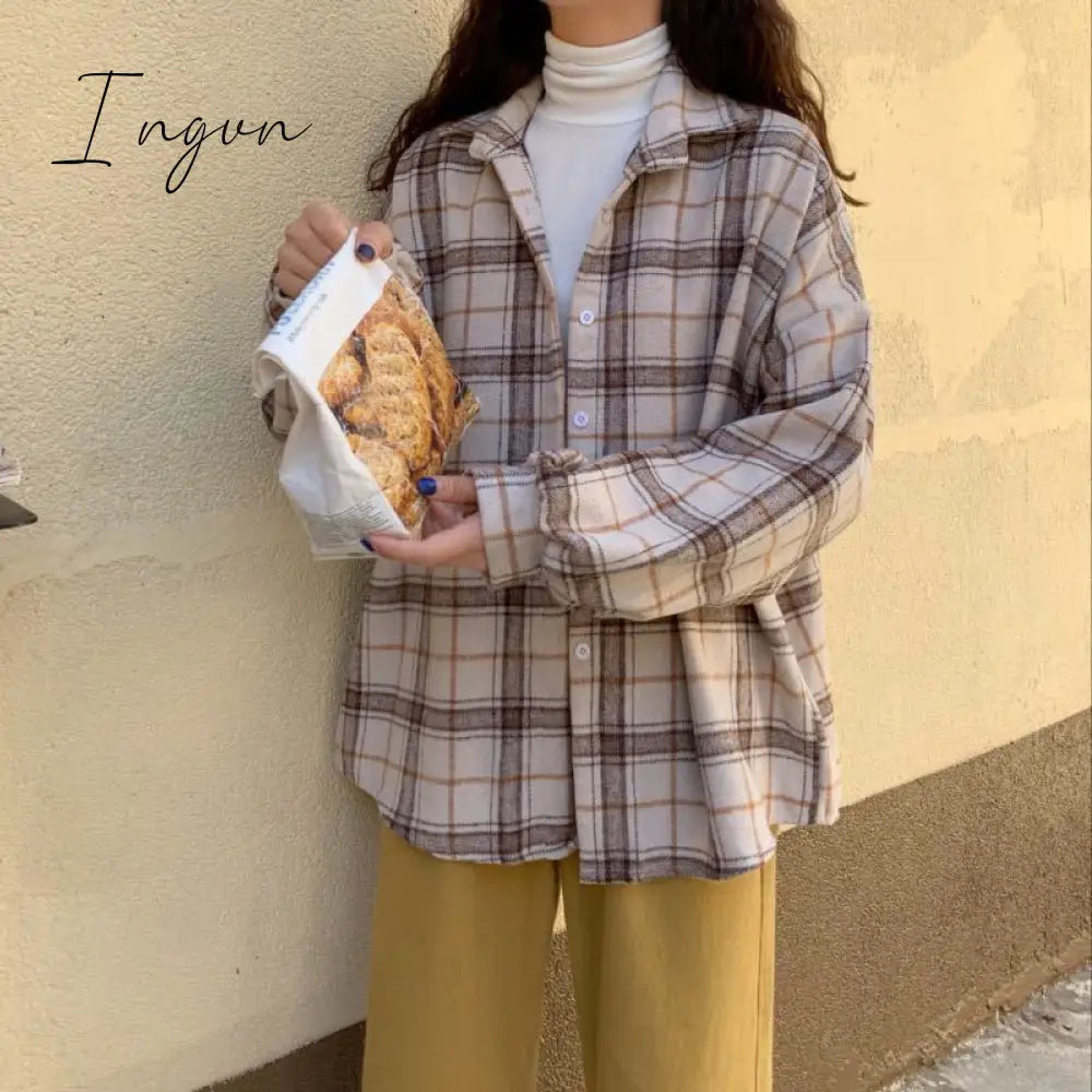 Ingvn - Women Blouses Turn-down Collar Spring Shirts Plaid All-match BF Batwing-sleeve Loose Outwear Harajuku Female 4 Colors Chic New
