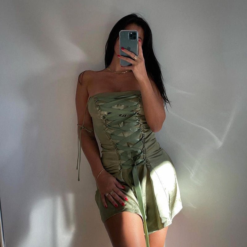 Solid Charmeuse Bandage Backless Sleeveless Shirring Lace-up Dress Summer Women Woods Elves Style Streetwears