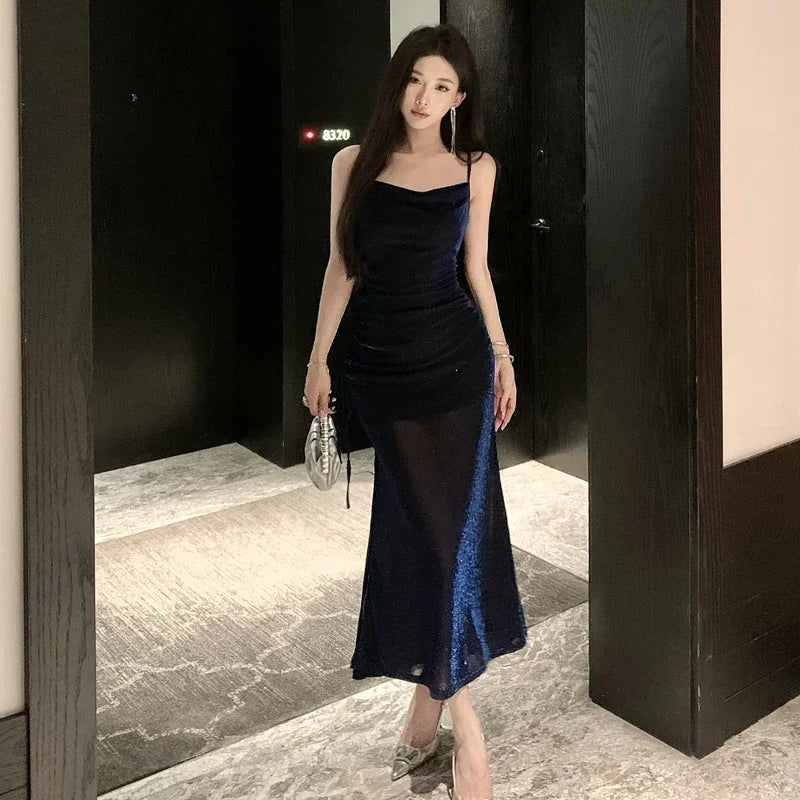 Women Socialite Sparkling Aura Strapless Waist Cinched Mid Length Dress  Summer Pleated Camisoles Banquet Dresses