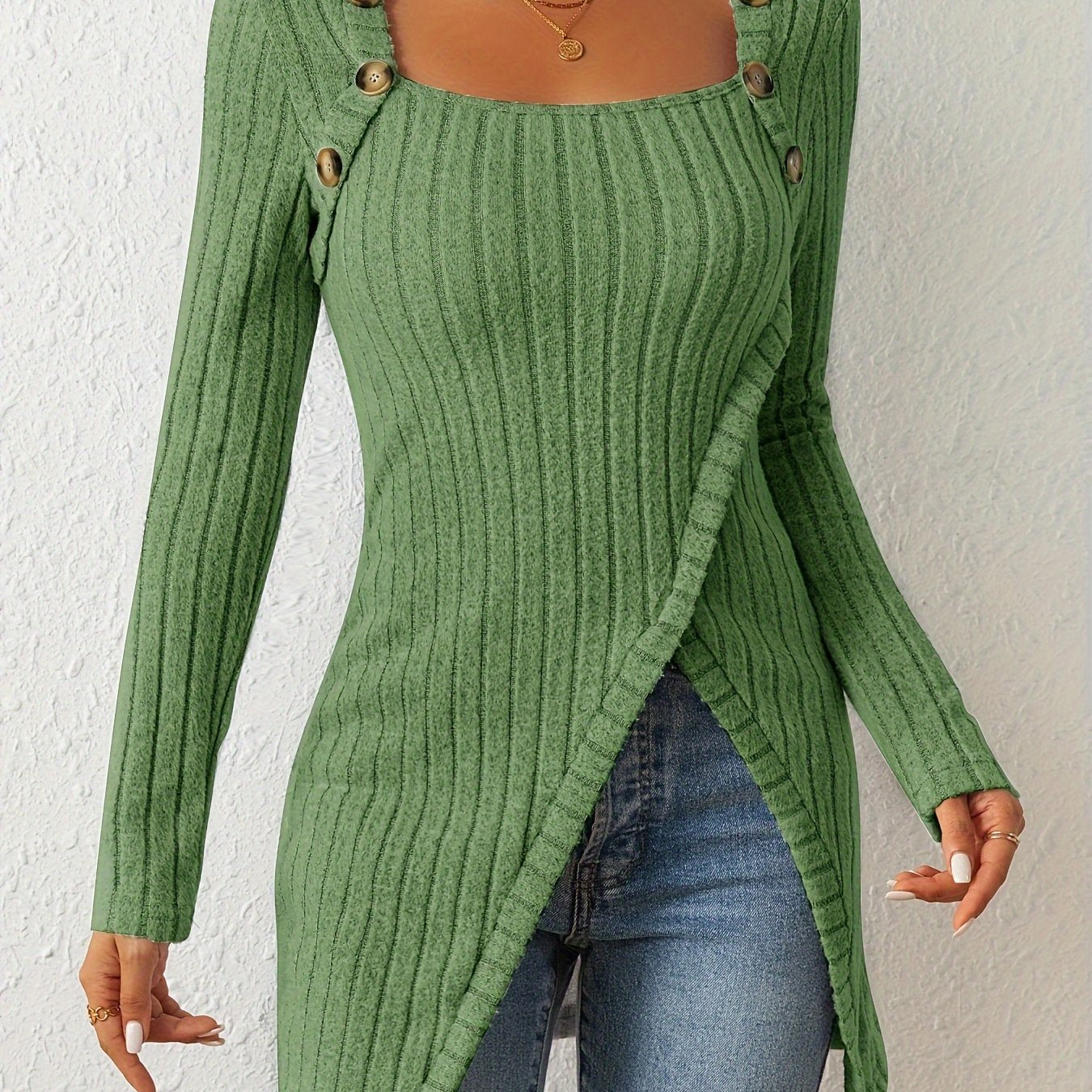 Button Decor Asymmetrical Hem T-Shirt, Casual Ribbed Long Sleeve Top For Spring & Fall, Women's Clothing