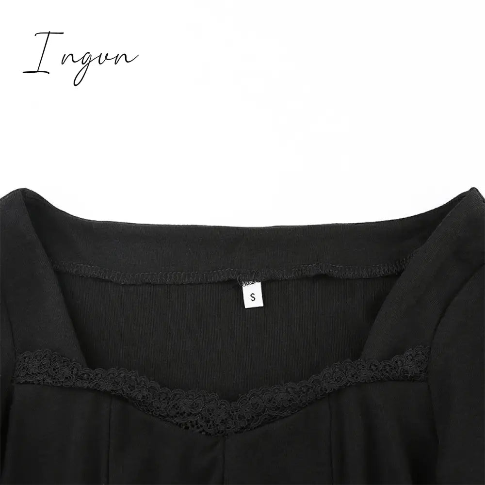 Ingvn - Women Winter Dress Women New Arrivals Sexy Long Sleeve Lace Split Black White Solid Party Dresses Vestidos