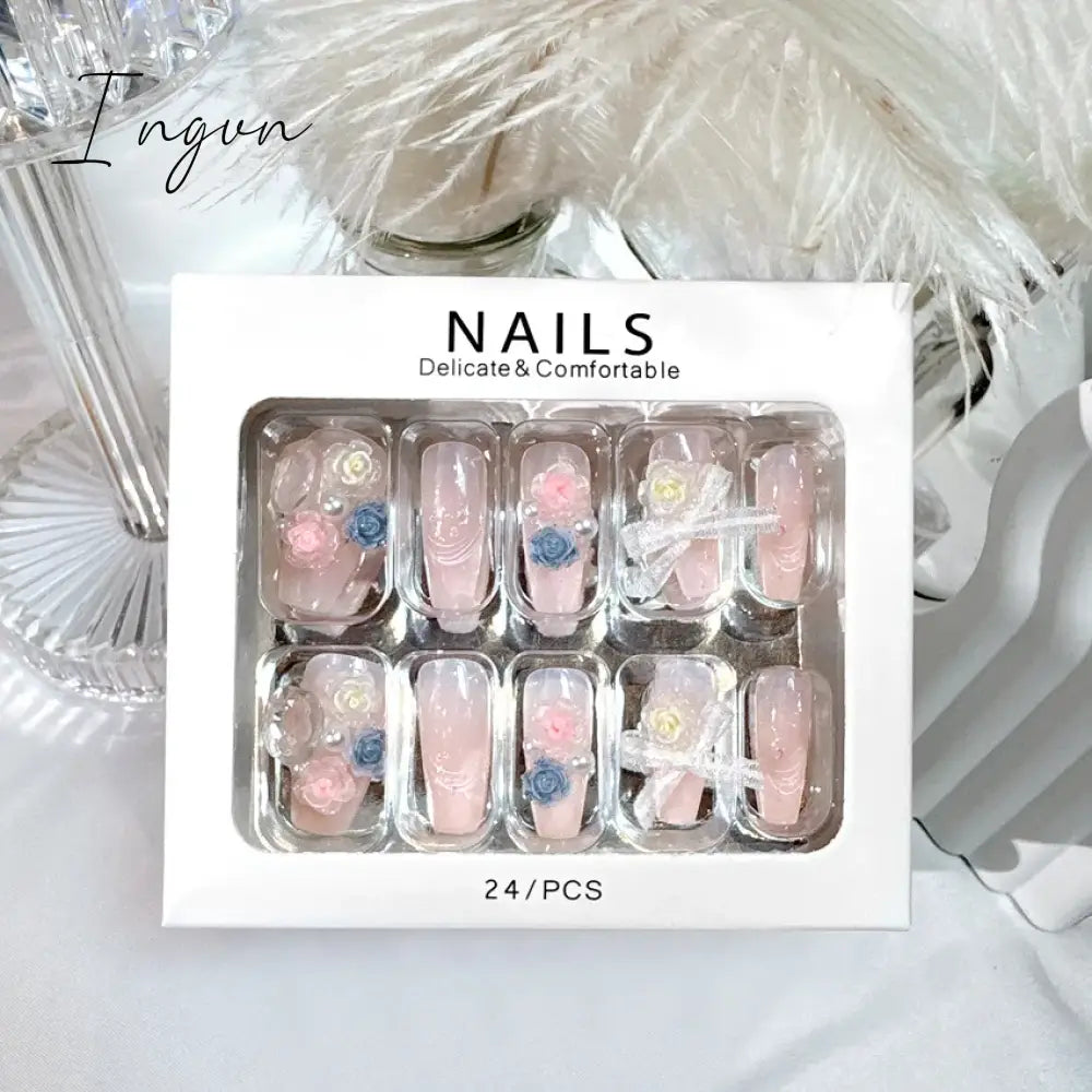 Handmade Press on Nails Long Ballet Blue Fake Nails with 3D Snowflake Moon Rhinestone Design False Nails Full Cover Nail Tips
