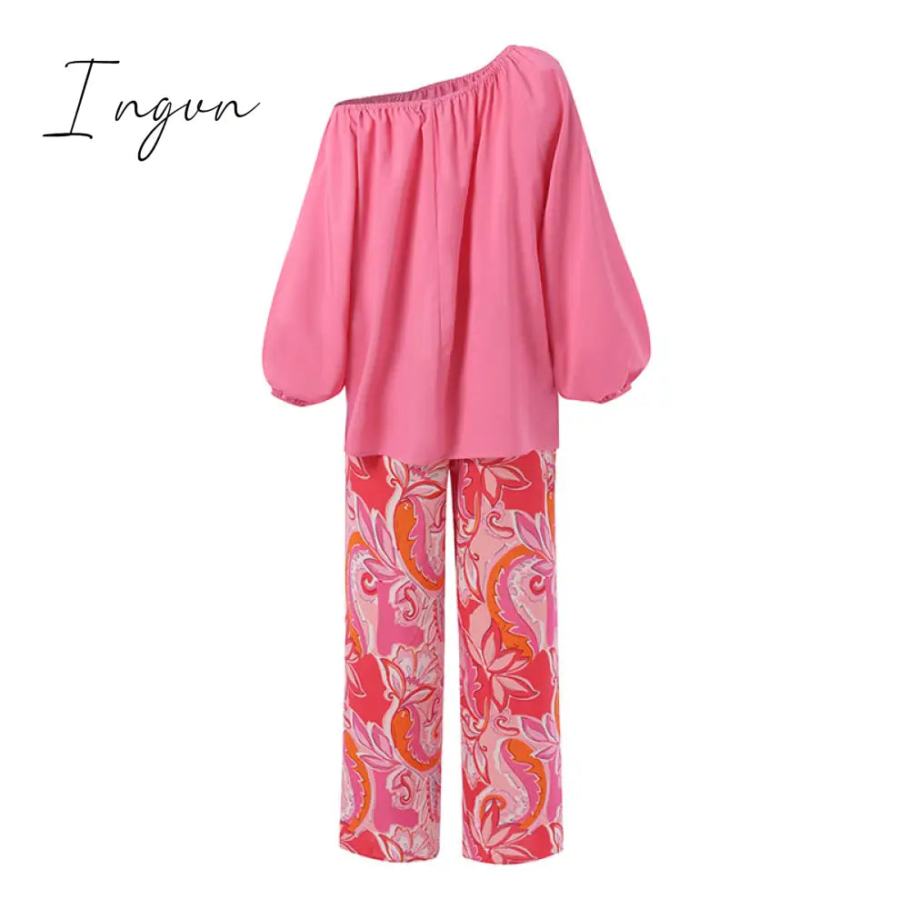 Ingvn - Pants Sets Fashion One Shoulder 3/4 Sleeve Tops Floral Print Wide Leg Trouser Women Two Piece Sets Casual Loose Suit