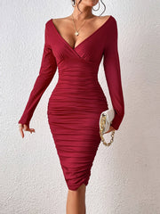 Vibrant Long Sleeve Bodycon Dress - Elegant Surplice Neck, Frill Details, Mid Elasticity, Machine Washable - Young Womens Polyester Fashion Clothing for Spring, Summer, and Fall
