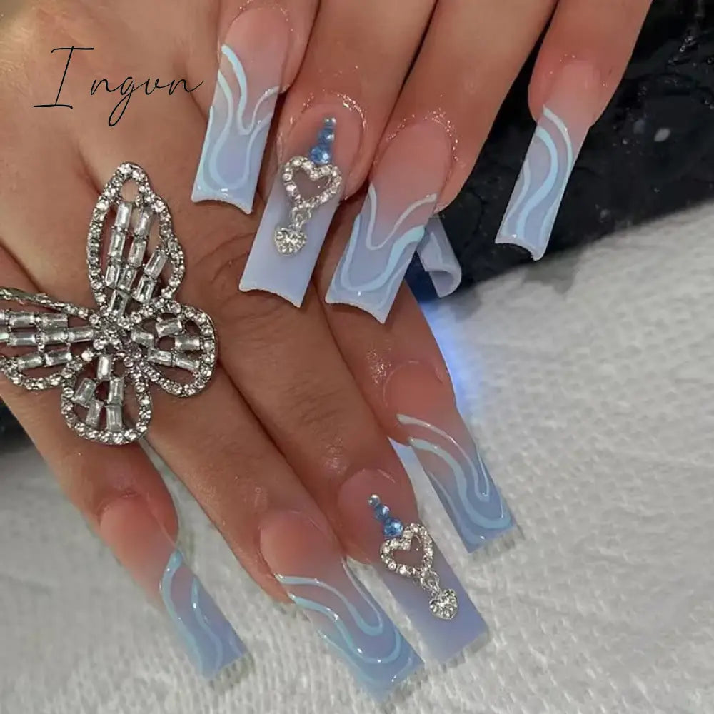24pcs French rhinstones artifical nails with glue full cover false nails detachable coffin fake nail bling press on nails