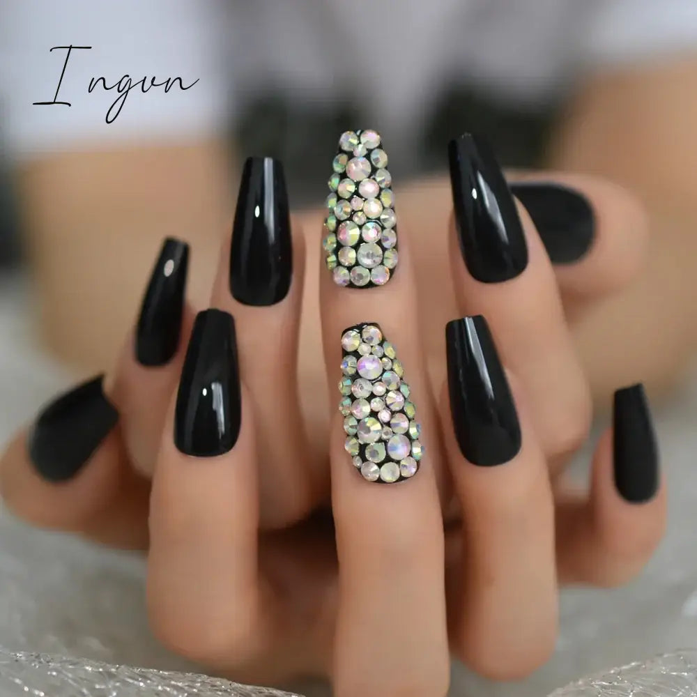 Extra Long Stiletto Press on False Nails Full Cover 3D Rhinestone Fake Nails Manicure Nail Art Tips Set for Wedding Party