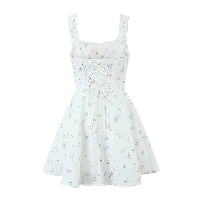 Sexy Slim Fit Short Floral Print Dress For Women Sleeveless Lacing Up A Line Holiday Party Dresses Summer Corset Robe