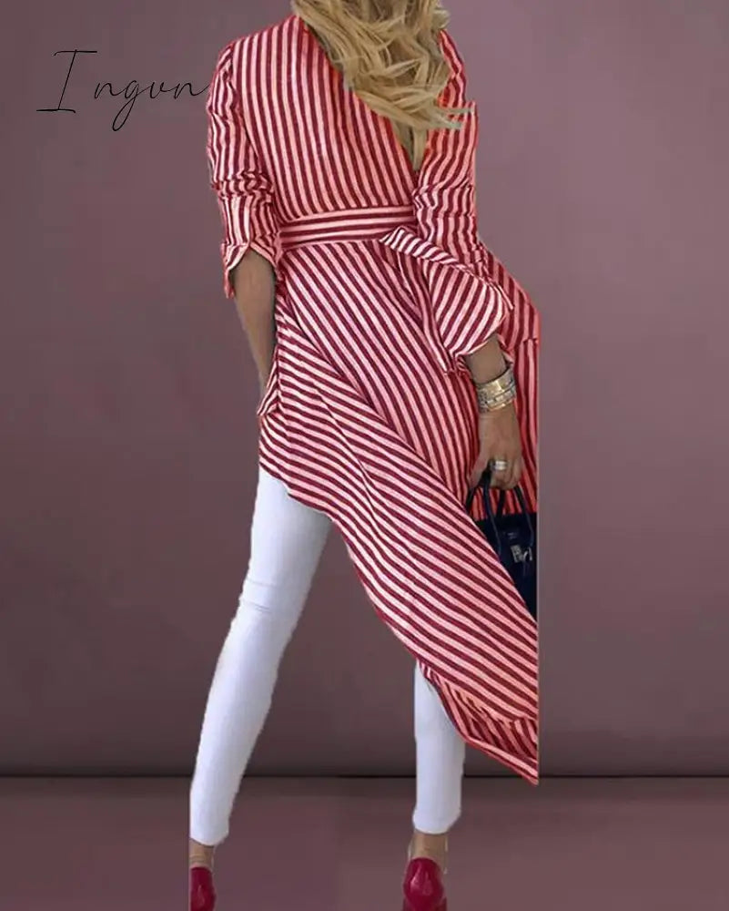 Ingvn - High Street Women Stripe Shirts Long Sleeve V-neck Loose Tops Blouse Striped Tied Front Dip Hem Shirt With Belt Long Shirts