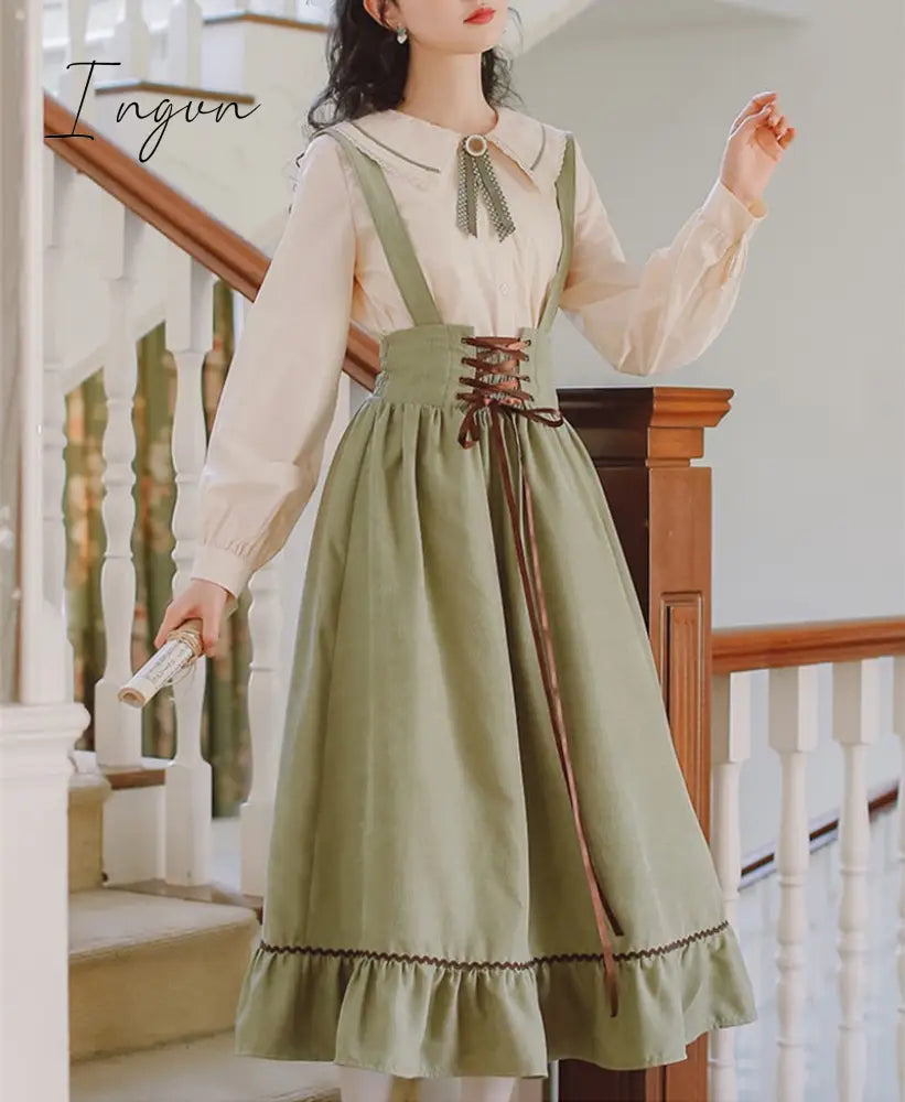 Ingvn - Spring Summer Women Long Midi Suspender Skirt Teen Girls Preppy Style Cute Lace-Up High Waist Ruffle A-Line Skirts