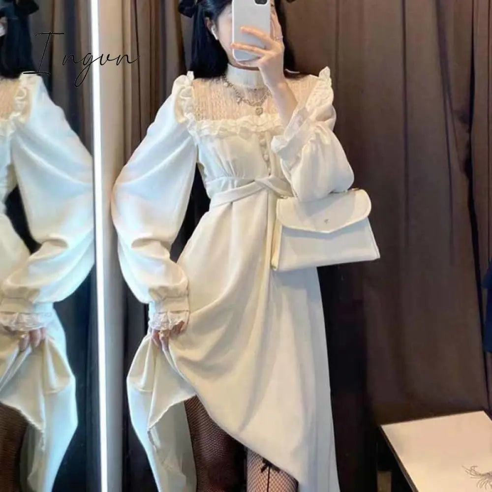 Ingvn - French Lace Vintage Dress Women Fashion Puffer Sleeve Elegant One Piece Dress Korean Spring High Street Slim Midi Dress Y2k