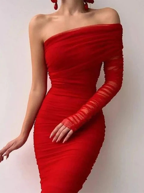 See Through Mesh Midi Dresses For Women Fold Sexy Slim Cocktail Dress Woman Wedding Bodycon Off Shoulder Dress Women's