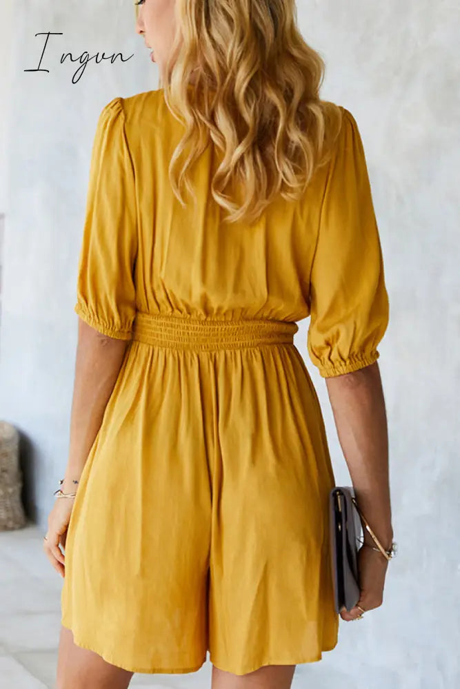 Ingvn - High Neck Button Smocked Waist Romper