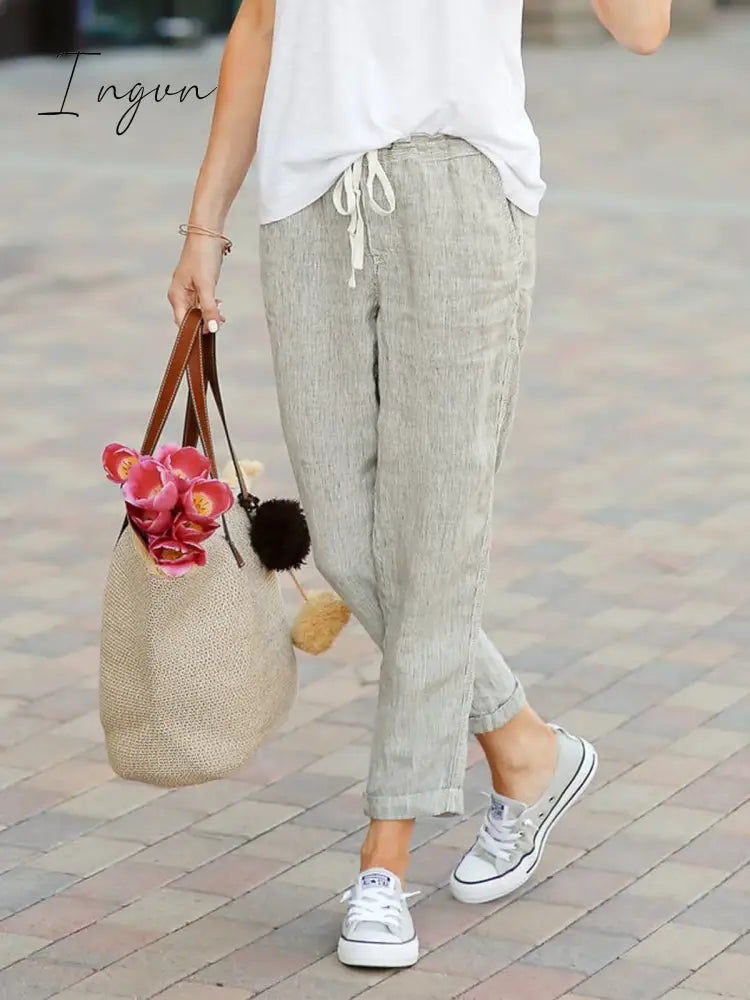 Ingvn - Summer Capri Pants Pockets Drawstring Casual Pants