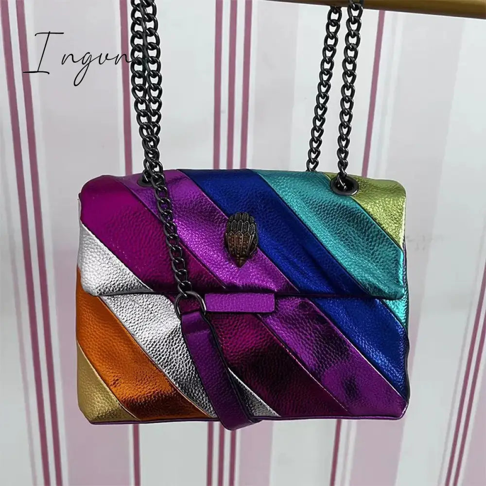 Ingvn - Women Simple Handbag Colorful Heart Shaped Bag 2024 Ladies Metal Shoulder Strap Crossbody Bag Eagle Pattern Design Rainbow Bag