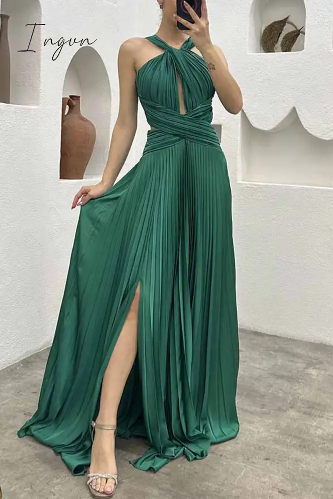 Ingvn - Elegant Solid Fold Halter Evening Dress Dresses