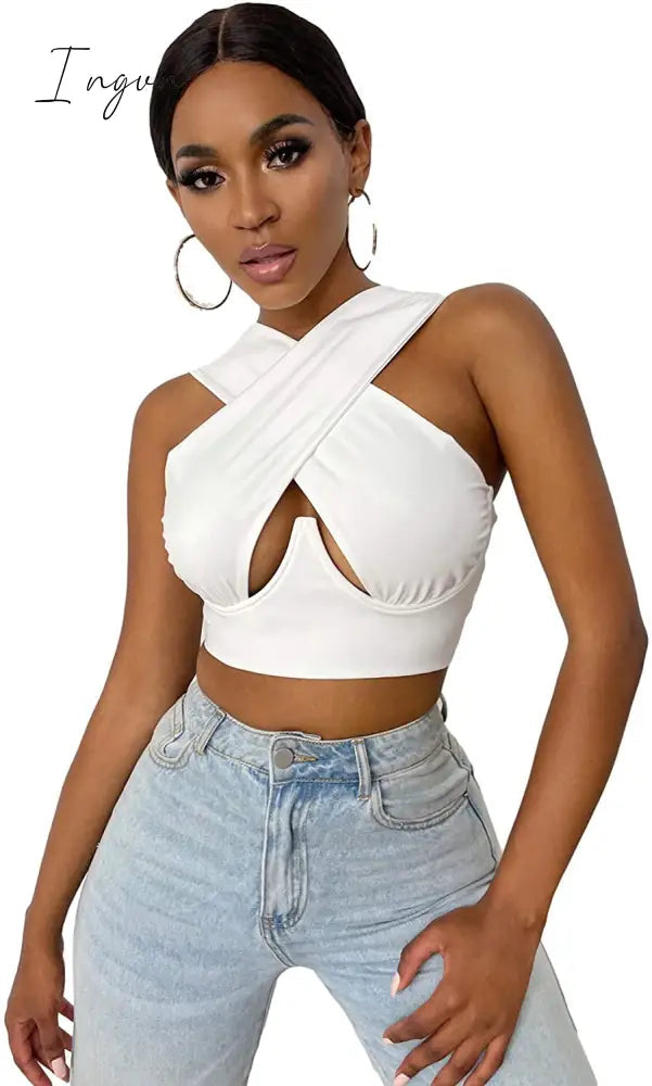 Ingvn - Women's Criss Cross Tank Tops Sexy Sleeveless Solid Color Cutout Front Crop Tops Party Club Streetwear Summer Lady Bustier Tops