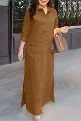 Ingvn - Casual Simplicity Solid Pocket Turndown Collar Shirt Dress Dresses
