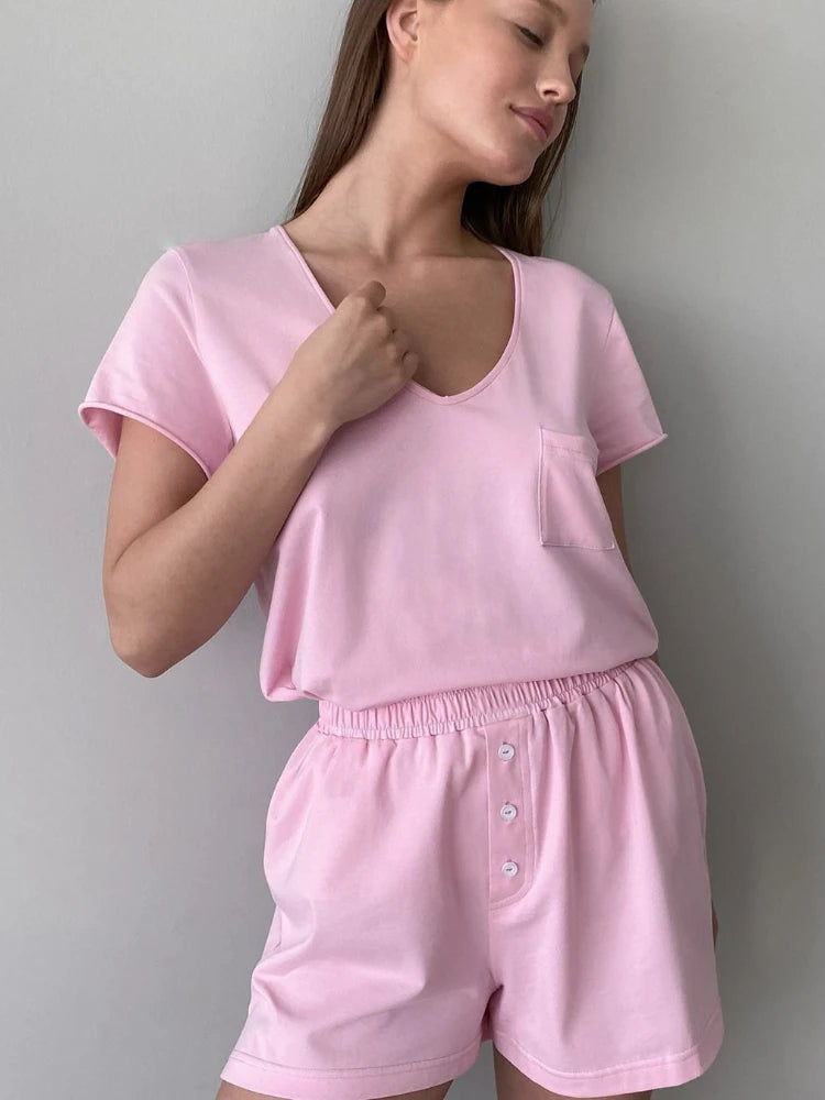 Ingvn  Pajamas for Women Homewear V-neck T Shirt Shorts 2 Pieces Sets Women Outfits Girls Sleepwear Underwear