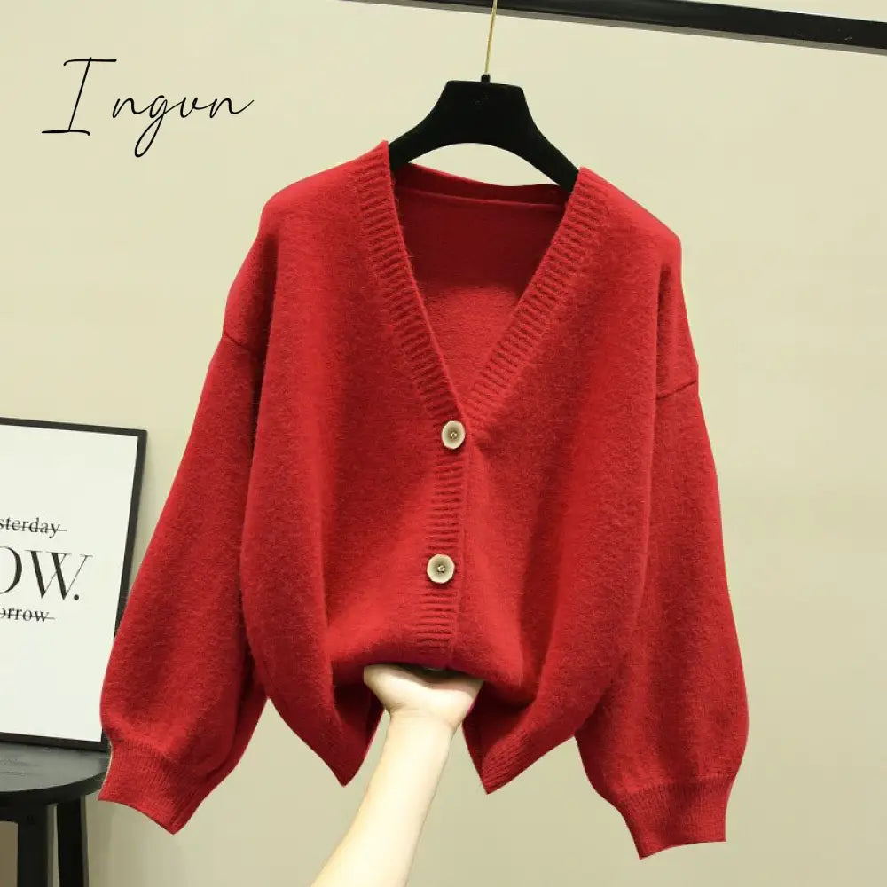 Ingvn - Oversized Cardigan Women Spring Casual Solid V Neck Long Sleeve Cardigan Sweater Female Knit Jacket Coat Green Pink