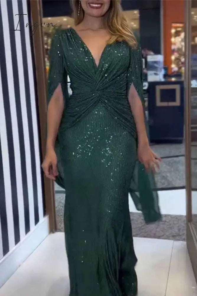 Ingvn - Sexy Formal Solid Sequins Fold V Neck A Line Dresses