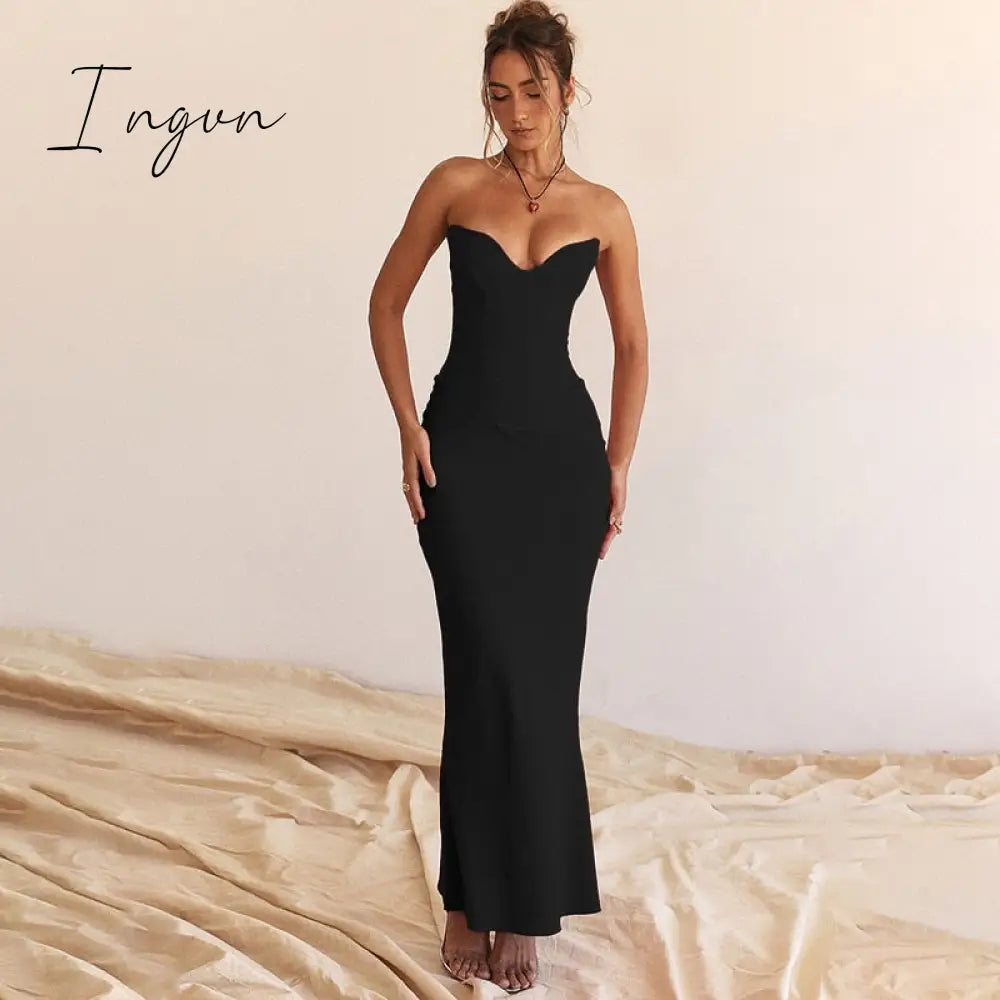 Ingvn - Strapless Off-shoulder Sexy Maxi Dress For Women Gown Fashion Elegant With Fishbone Bodycon Night Club Party Dress