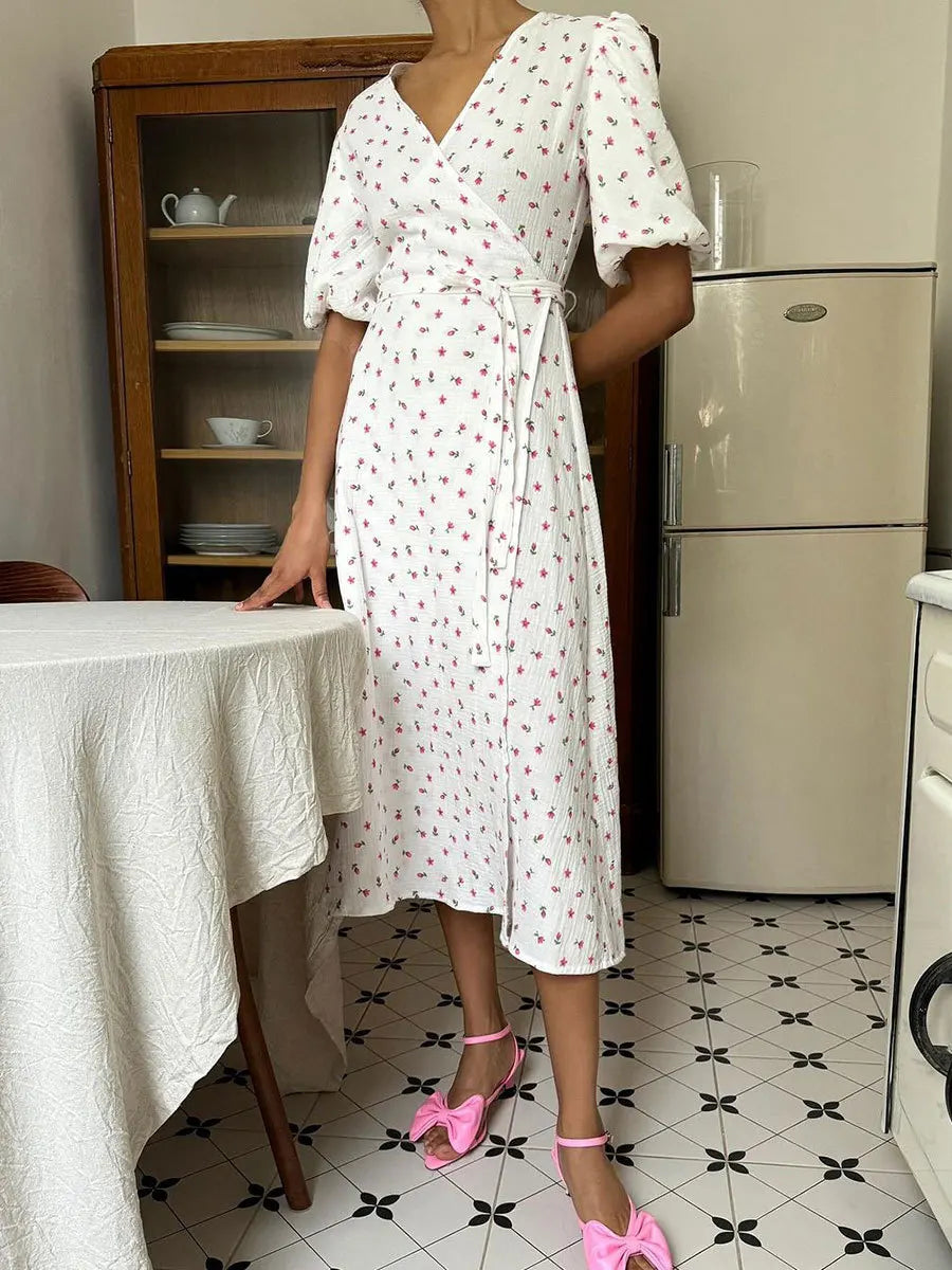 Ingvn  Women's V-neck Short Sleeve Floral Printed Cotton Dress Fashion Streetwear  High Waist Bandage A-line Long Holiday Dresses