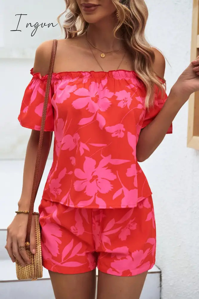 Ingvn - Floral Off-Shoulder Top and Shorts Set