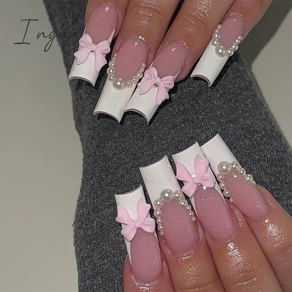24pcs French rhinstones artifical nails with glue full cover false nails detachable coffin fake nail bling press on nails
