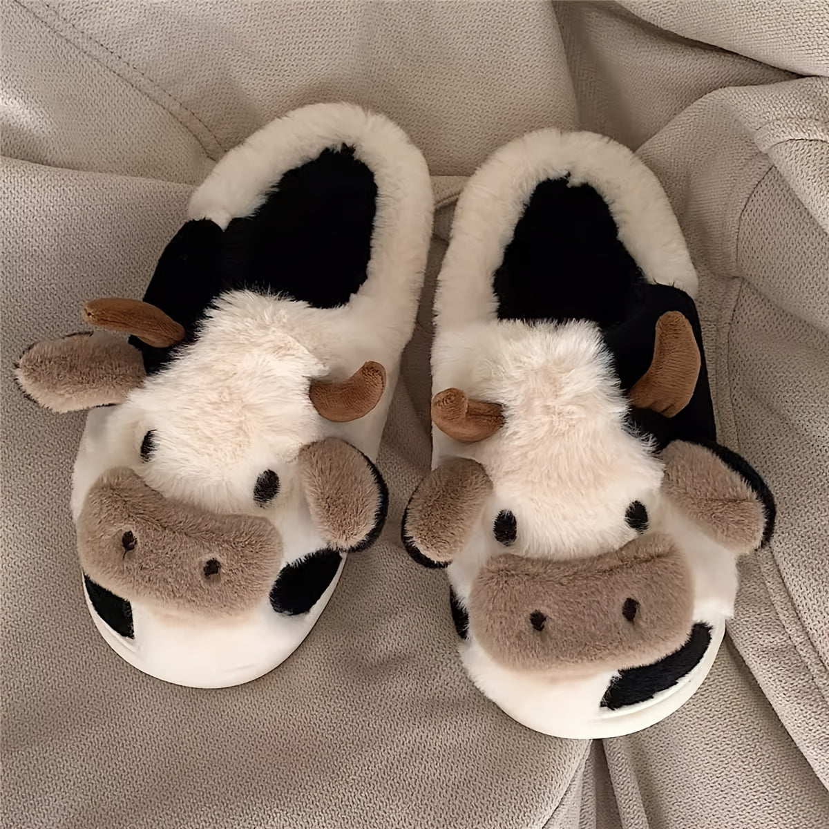 Cow Pattern Plush Slippers - Soft Fabric Lining, Cartoon Design, Comfortable Indoor Shoes with TPR Sole for Cozy Home Wear - Casual Slip-On Style