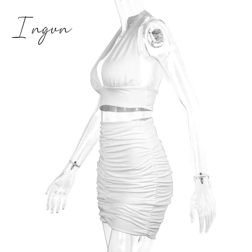 Ingvn - 2 PCS Sexy Ruffle Mini Dress Set Black Deep V Top Summer Skirts Suits Bodycon Women Party Tight Short Dress Suit